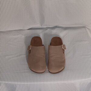 Time and Tru Women's Faux Suede Gold Buckle Clogs Slip On Sand Women's Size 7